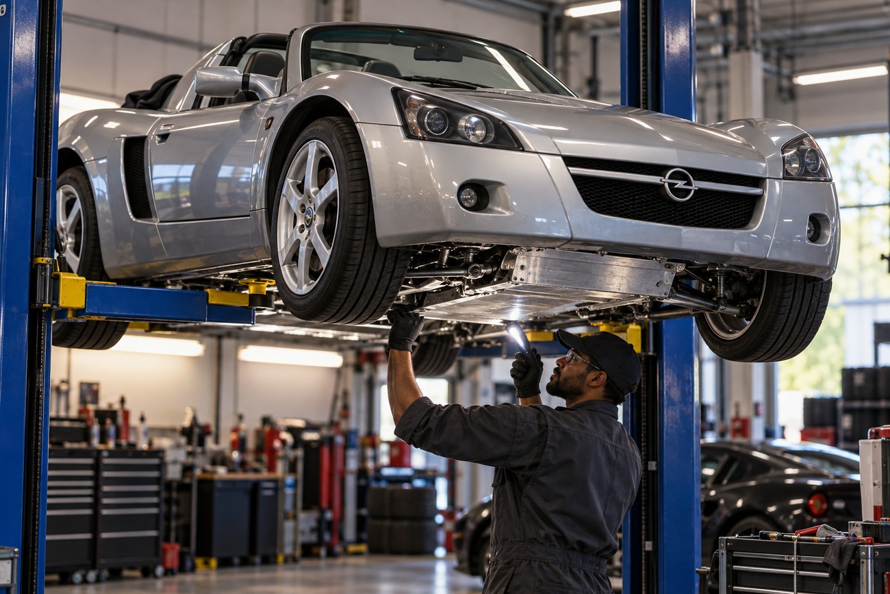 A mechanic in overalls uses a flashlight to inspect the chassis of a silver Opel Speedster lifted in a garage