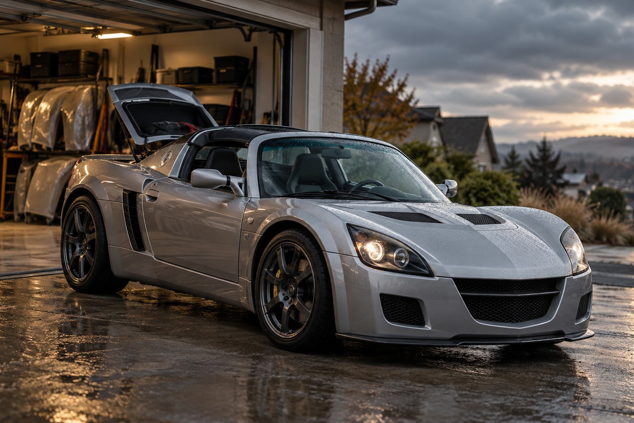 Silver Opel Speedster sports car with open rear hatch parked on wet driveway outside garage during sunset