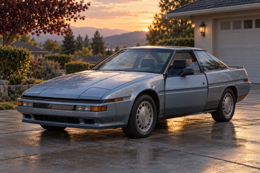 A vintage silver Subaru XT Alcyone wedge coupe parked on a driveway at sunset