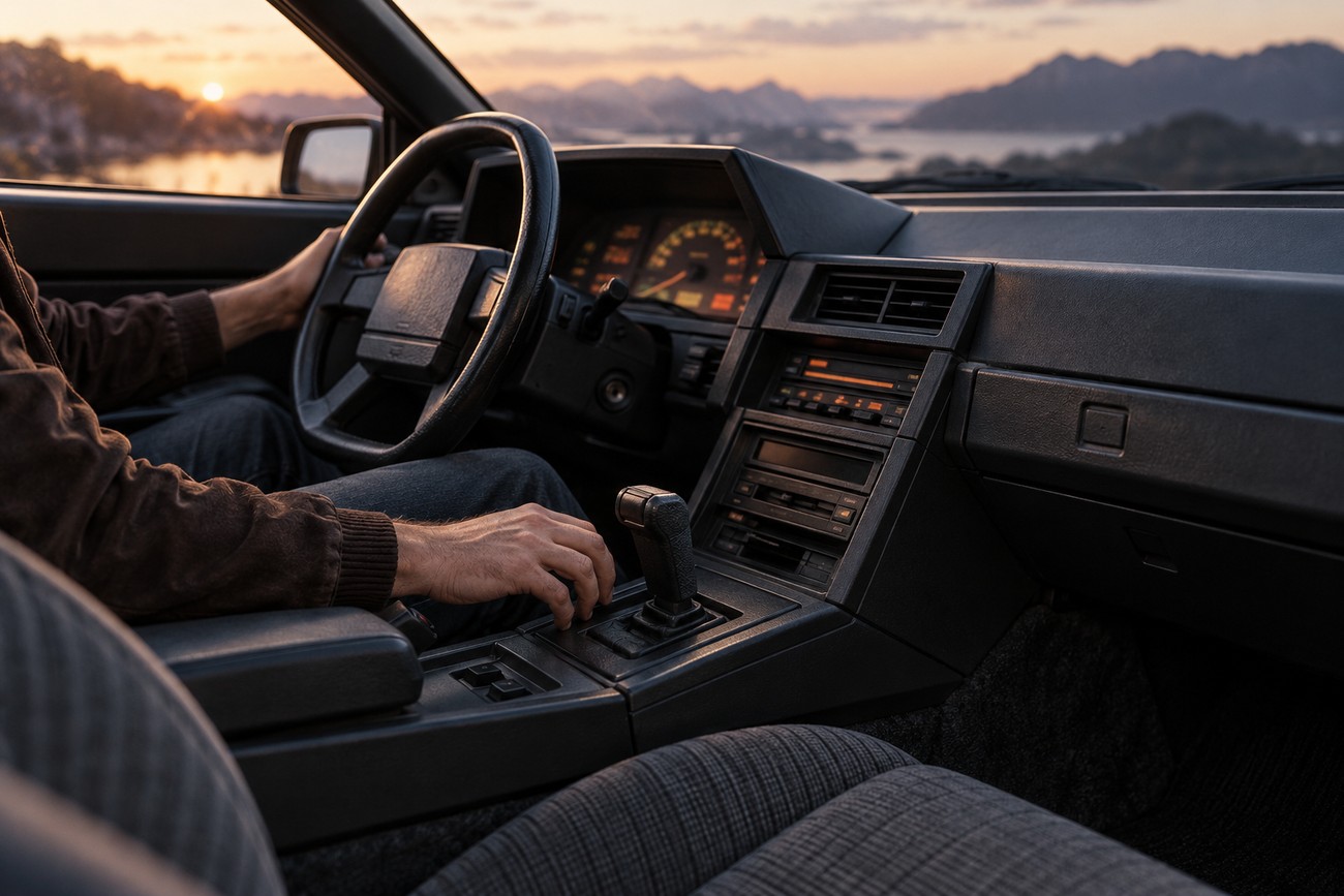 Driver holding the joystick shifter inside the futuristic cockpit of a Subaru XT Alcyone car at sunset
