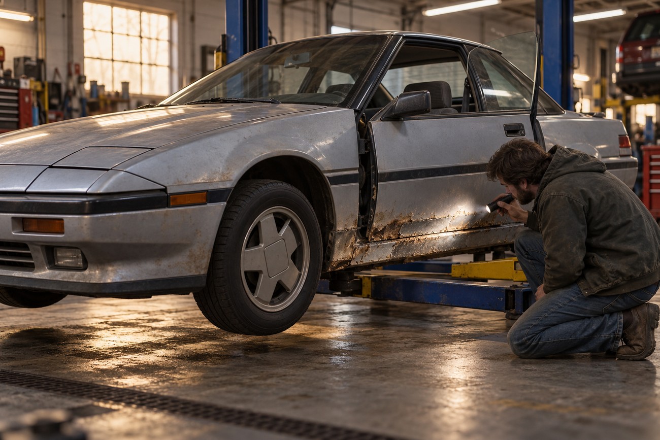 A mechanic kneeling on the floor of a repair shop shines a flashlight on the rusty side sill of a silver Subaru XT Alcyone lifted on a hydraulic hoist