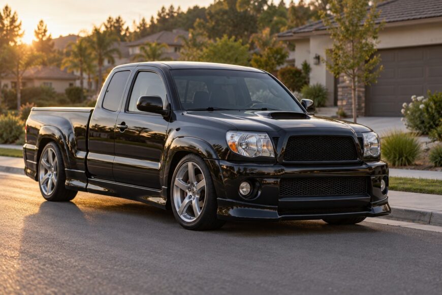 A black Toyota Tacoma X-Runner sport truck parked on a suburban street at sunset