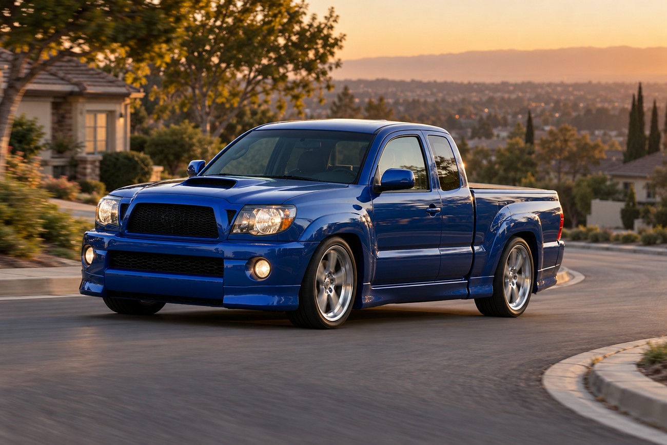 A blue Toyota Tacoma X-Runner sport truck driving on a paved suburban street at sunset with houses in the background