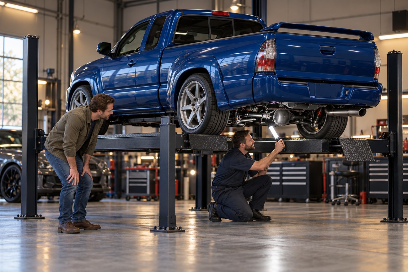 A mechanic inspecting the undercarriage of a blue Toyota Tacoma X-Runner lifted on a hydraulic hoist in a garage