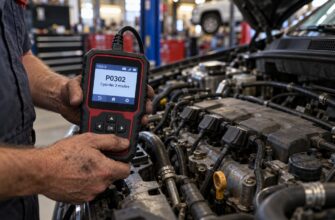 Mechanic holding an OBD-II diagnostic scanner showing cylinder 2 misfire code in front of a car engine bay