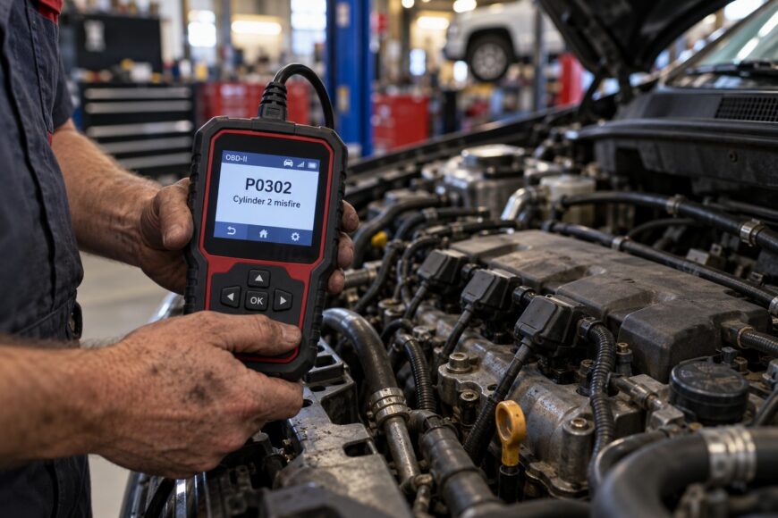 Mechanic holding an OBD-II diagnostic scanner showing cylinder 2 misfire code in front of a car engine bay