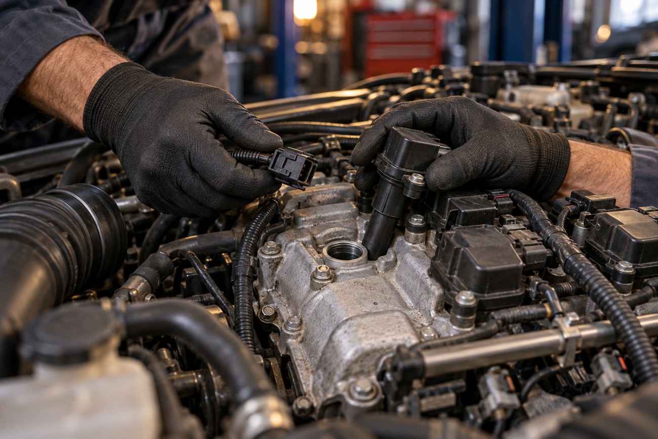 Mechanic wearing black gloves inspects an ignition coil over the engine valve cover in a car repair shop