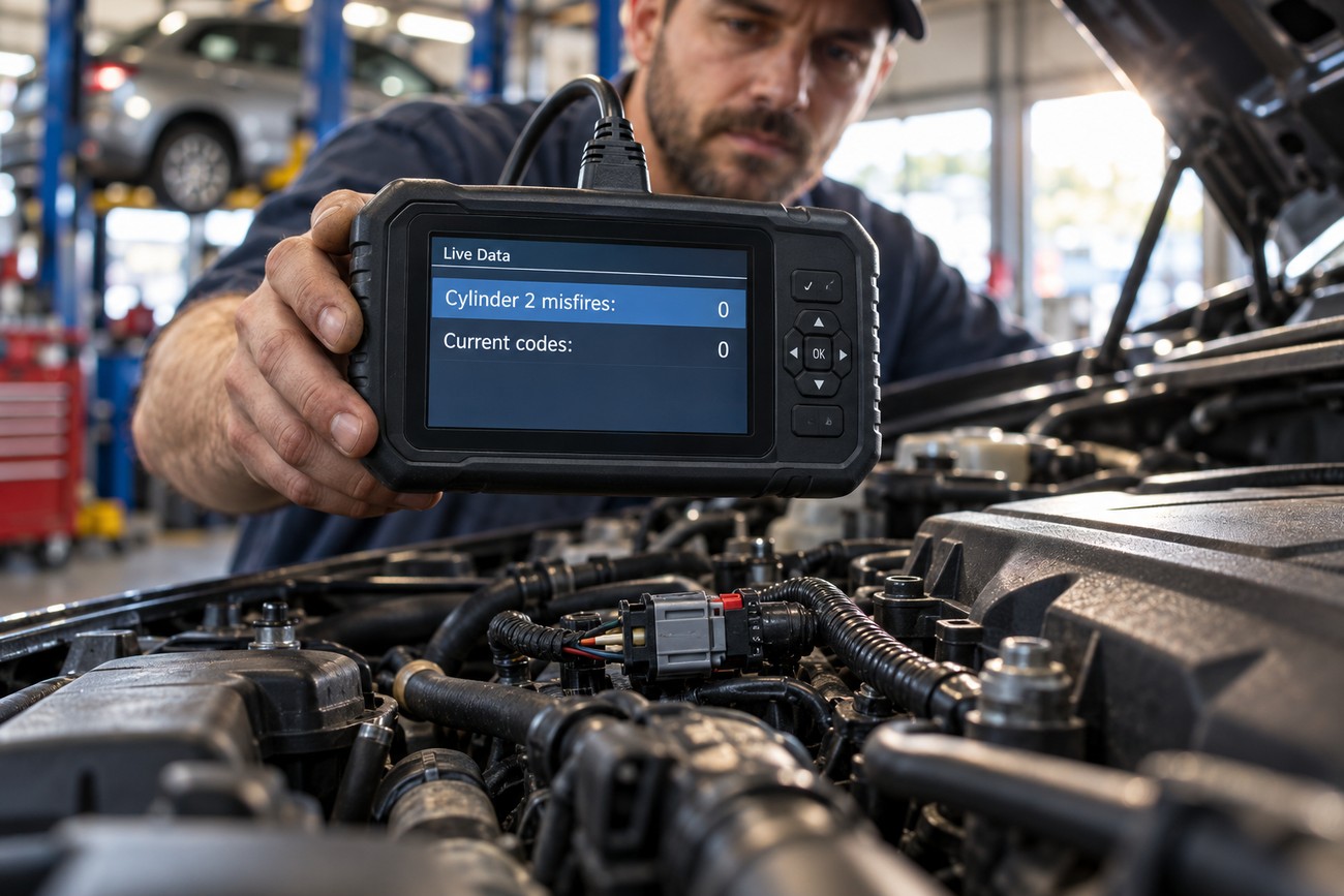 Mechanic holding an OBD2 diagnostic scanner showing cylinder misfire live data over an open car engine bay
