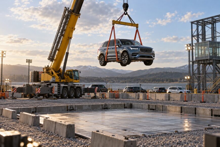 A large yellow crane lifting a grey Volvo SUV into the air at a safety test facility outdoors