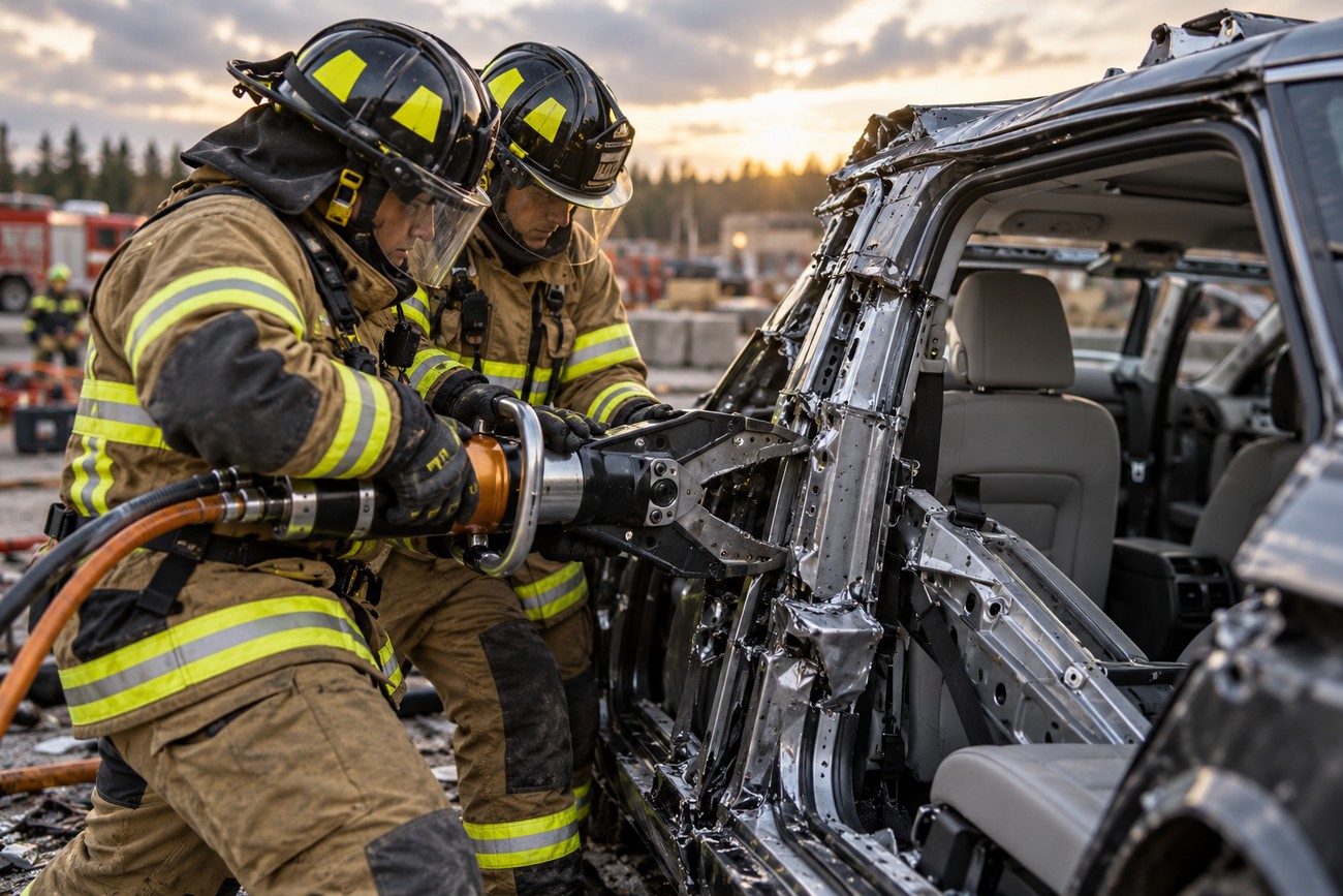 Two firefighters in full gear using hydraulic rescue shears to cut the frame of a damaged Volvo car