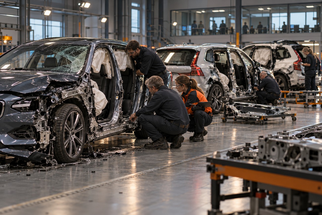 Engineers inspecting a severely damaged Volvo car with deployed airbags inside a large industrial facility