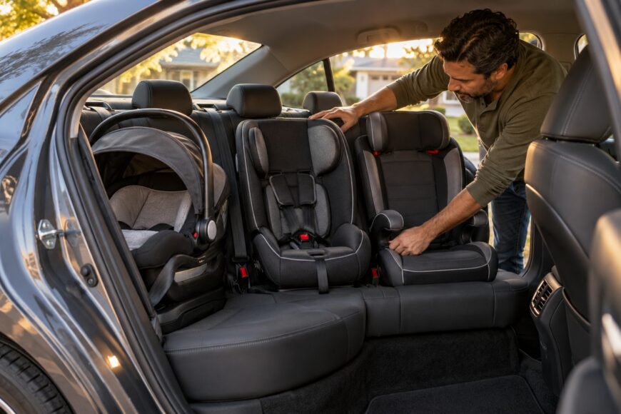 A father installing and adjusting three child car seats in the back seat of a Toyota Camry