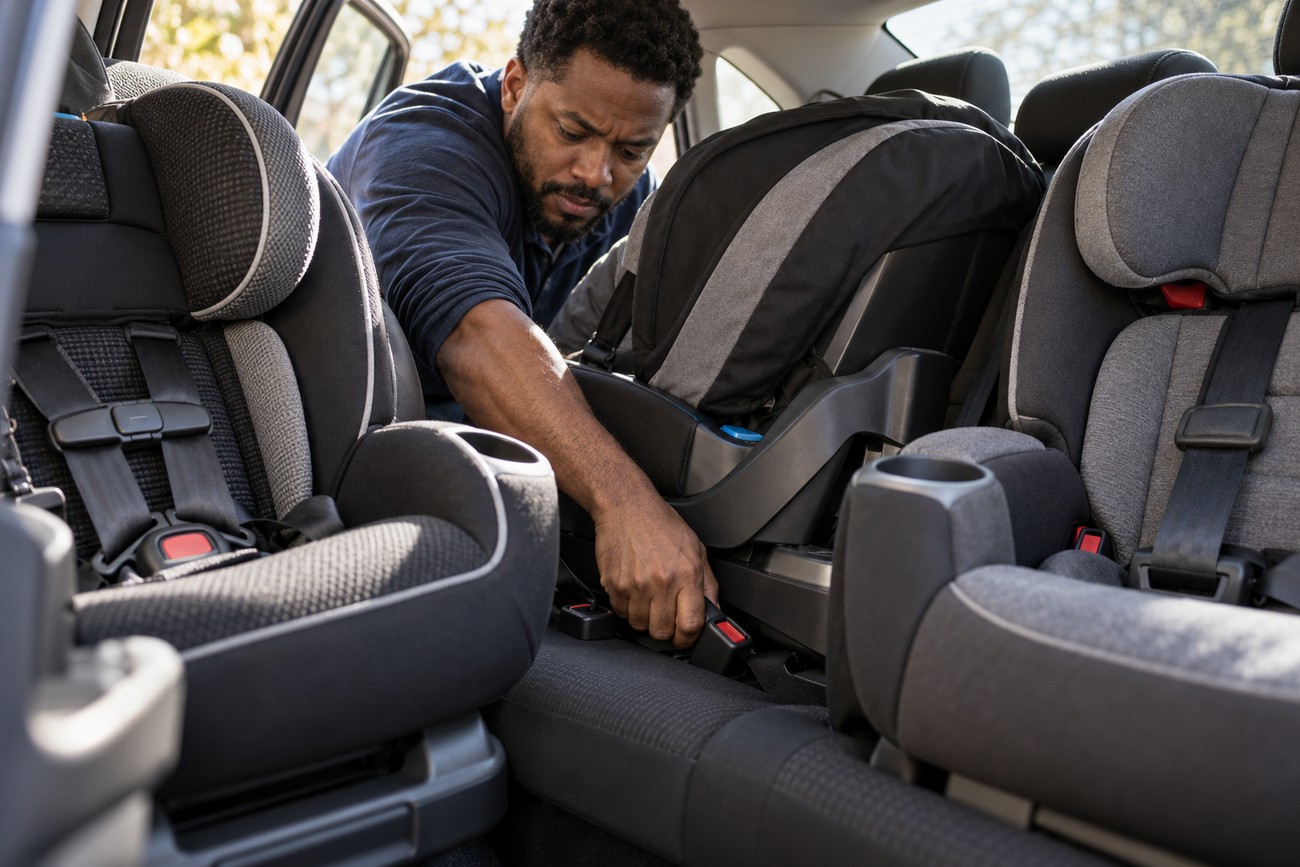 A man leaning into the backseat of a Toyota Camry to install a child car seat between two other seats