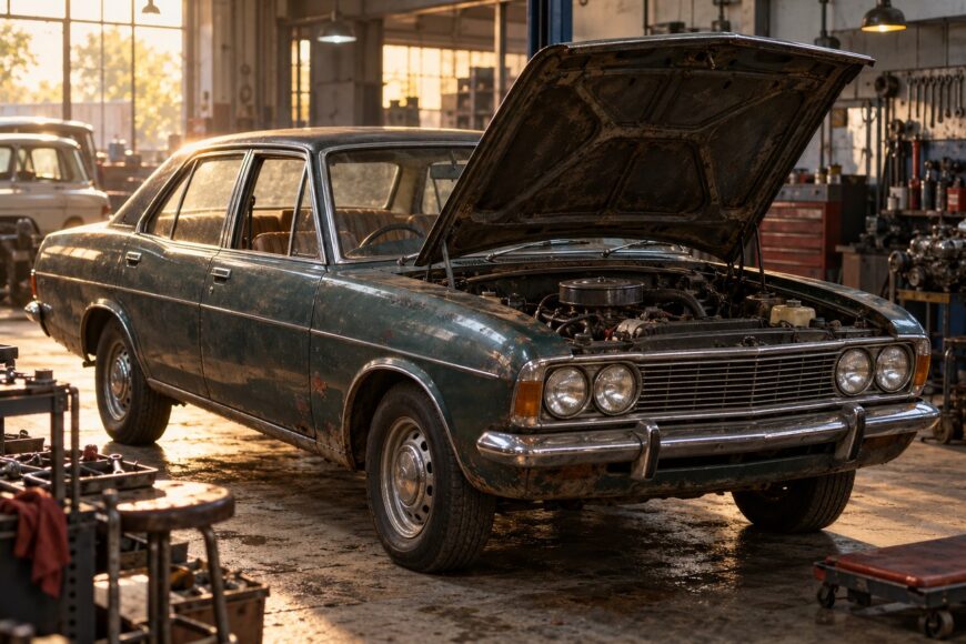 Classic dark green Hindustan Contessa parked in a vintage repair garage with its hood open