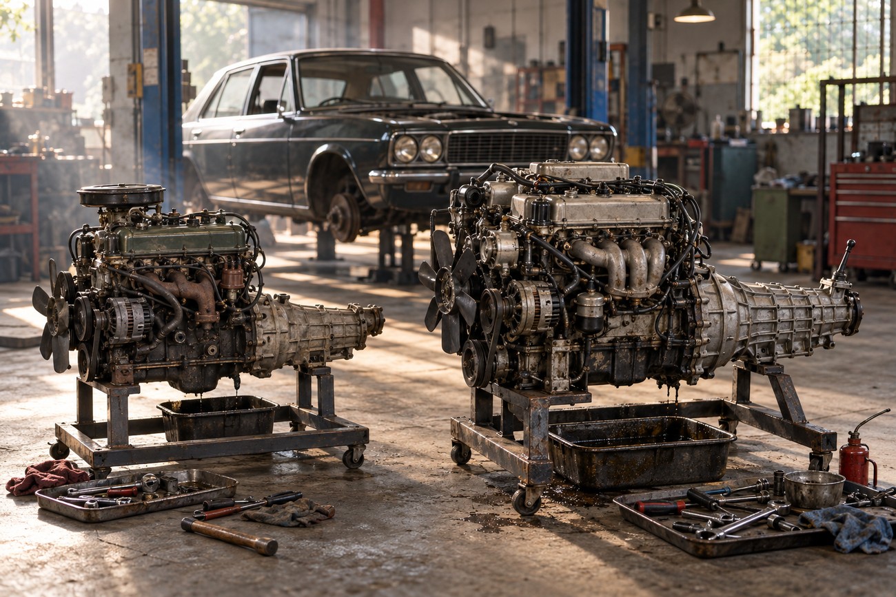 Two engines on metal stands with tools nearby inside an auto repair shop with a Hindustan Contessa in the background