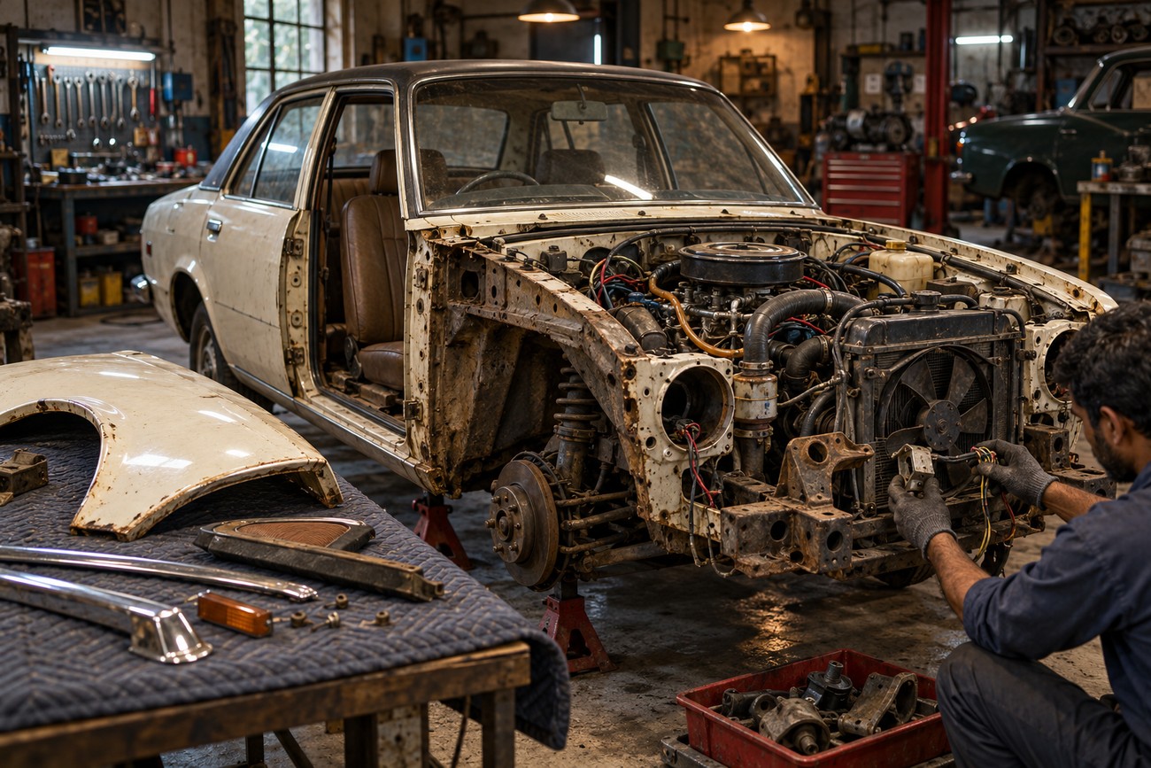 A mechanic in gloves working on the exposed engine and front grille of a vintage Hindustan Contessa undergoing restoration inside a garage