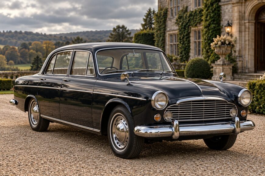 Classic dark Humber Super Snipe saloon parked on a gravel driveway before an ivy covered stone manor house