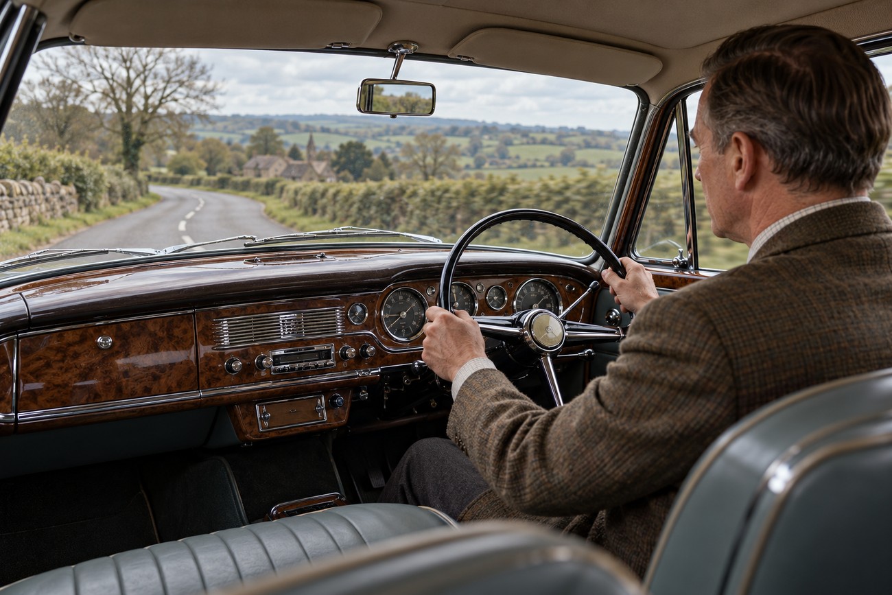 A man in a tweed jacket drives a classic Humber Super Snipe along a winding country road with a wooden dashboard visible