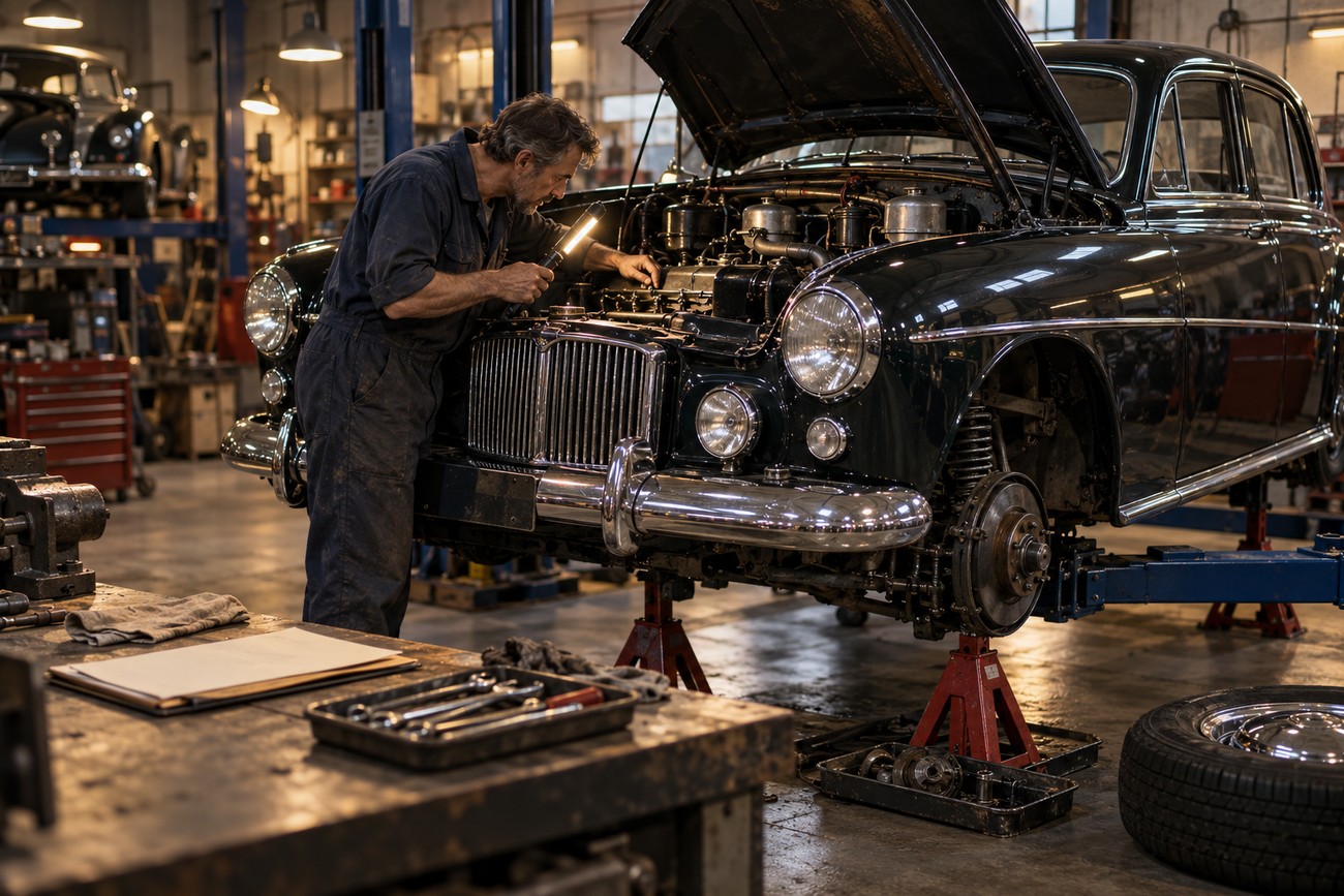 A mechanic in overalls inspects the engine of a classic Humber Super Snipe with a flashlight in a vintage workshop