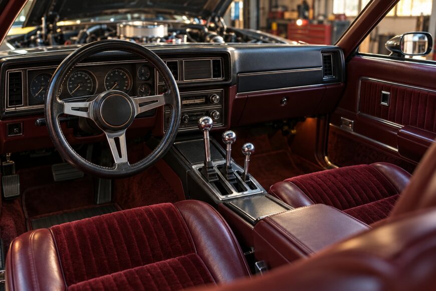 Interior view of a classic Hurst/Olds muscle car featuring the distinctive triple Lightning Rod shifters and burgundy velour bucket seats