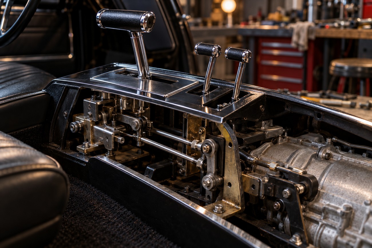 Close-up of the exposed Hurst Lightning Rod Shifter mechanism with dual levers and mechanical linkages inside a car interior
