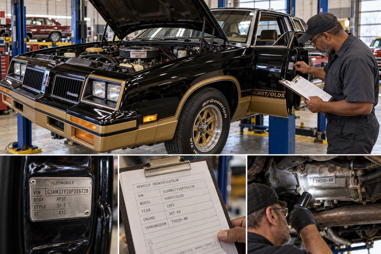 A mechanic inspecting a black and gold 1983 Hurst/Olds muscle car in a repair shop with detail insets of the VIN tag and transmission
