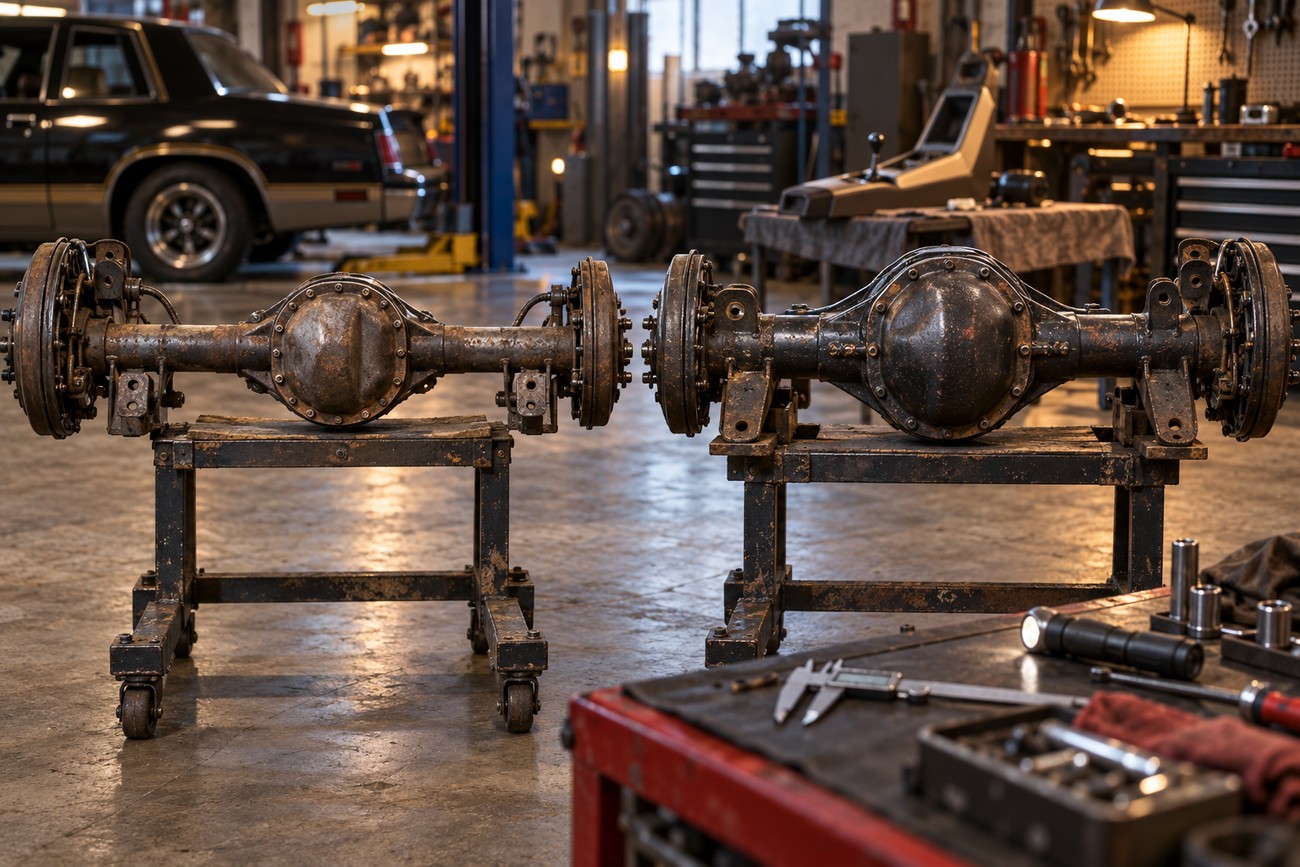 Two vintage car rear axle assemblies resting on metal stands inside an automotive workshop with tools on a workbench