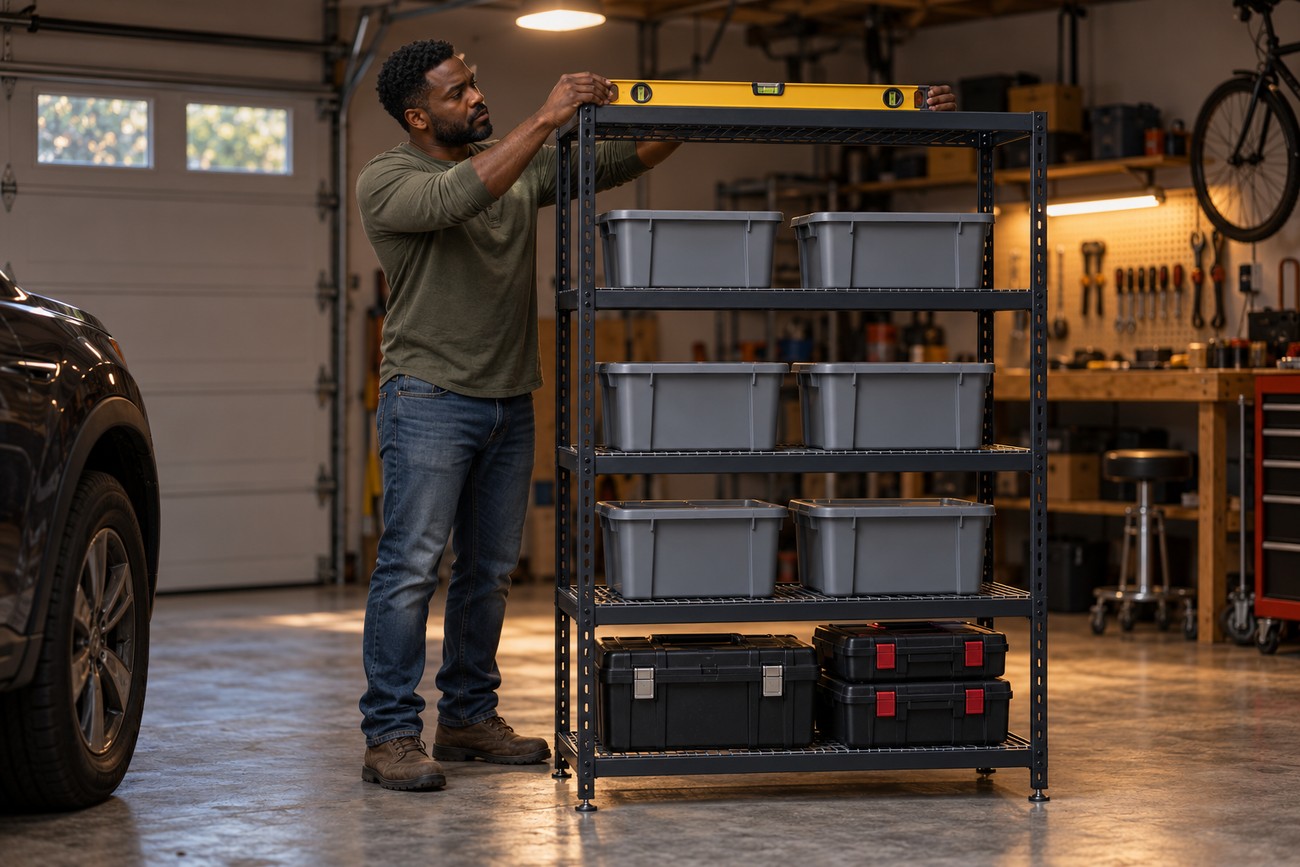 Man in a green shirt using a level while assembling metal shelving units in an organized garage