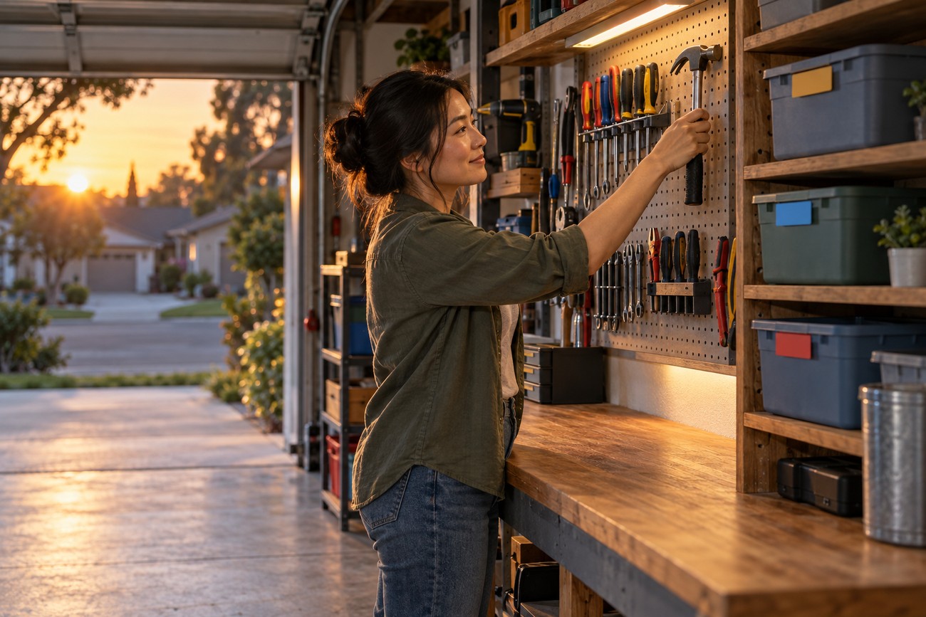 A woman organizing tools by hanging a hammer on a pegboard above a wooden workbench in a clean garage