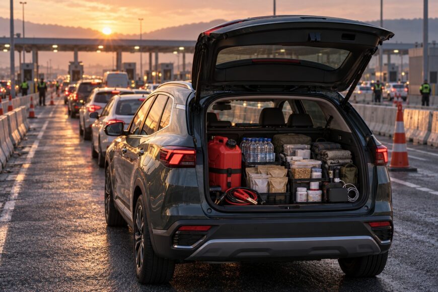 Open trunk of a dark Kia Sportage packed with water bottles, fuel canister, and supplies waiting in a long queue at a border checkpoint during sunset