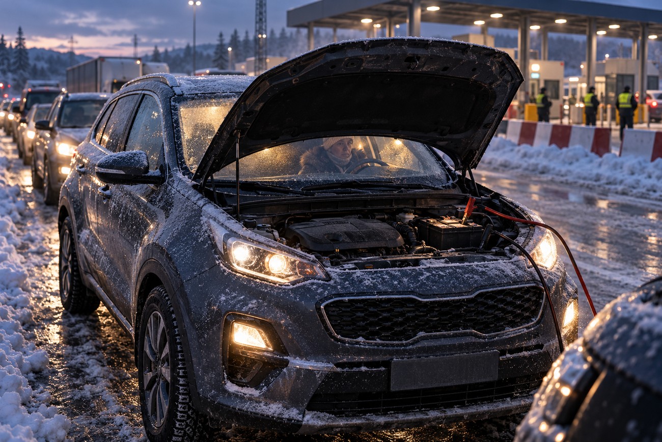 A driver waiting inside a snow-covered Kia Sportage with an open hood parked in a long border queue during winter