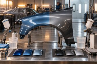 A car fender showing a comparison between waterborne and solvent-based paint finishes on a workbench with spray guns and sample cards in an auto body shop