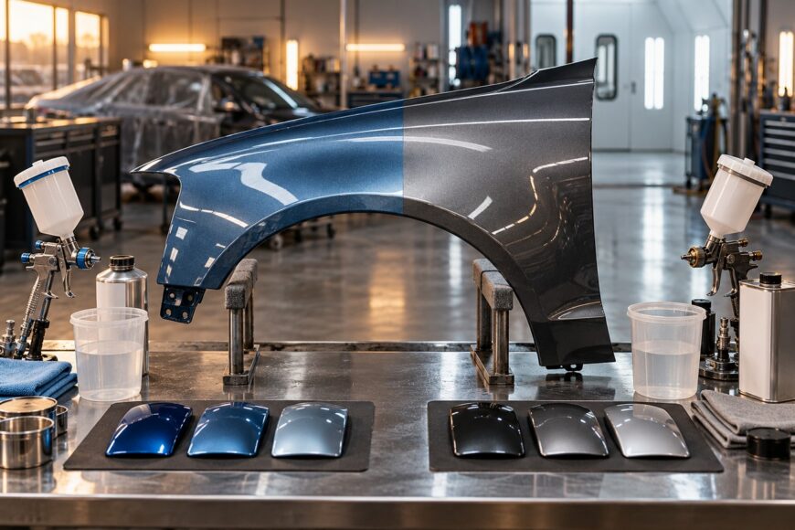 A car fender showing a comparison between waterborne and solvent-based paint finishes on a workbench with spray guns and sample cards in an auto body shop