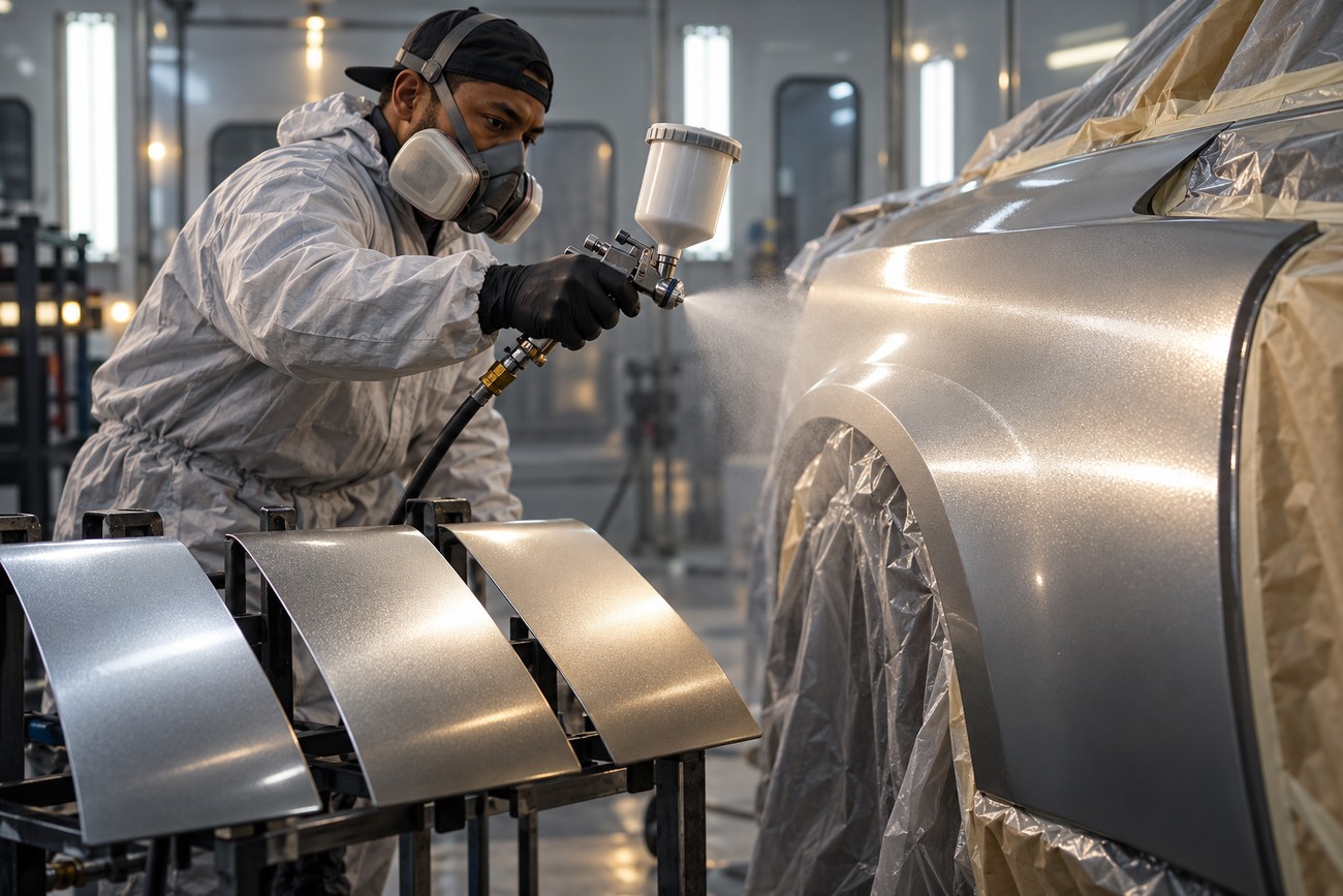 A professional car painter wearing a protective suit and respirator mask uses a spray gun to apply paint to a vehicle body panel in a workshop