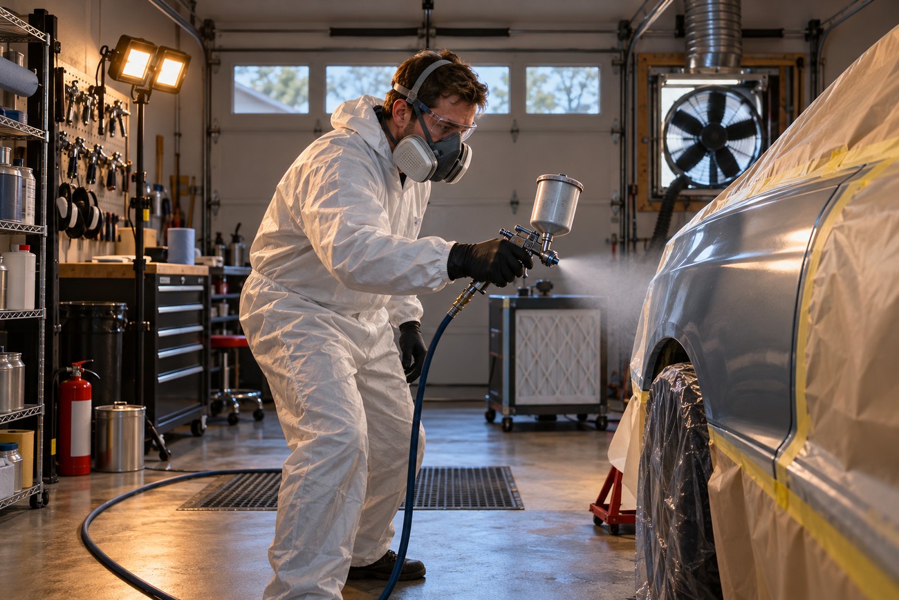 A professional technician in a protective suit and respirator applying car paint with a spray gun in a garage