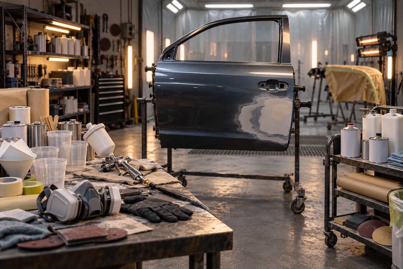 A professional car paint shop with a gray car door on a stand and a spray gun on a workbench