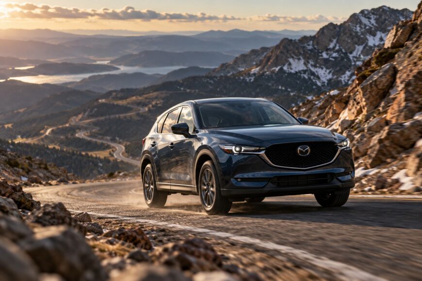 A dark blue turbo Mazda CX-5 driving along a winding mountain pass with rocky peaks and a distant valley view