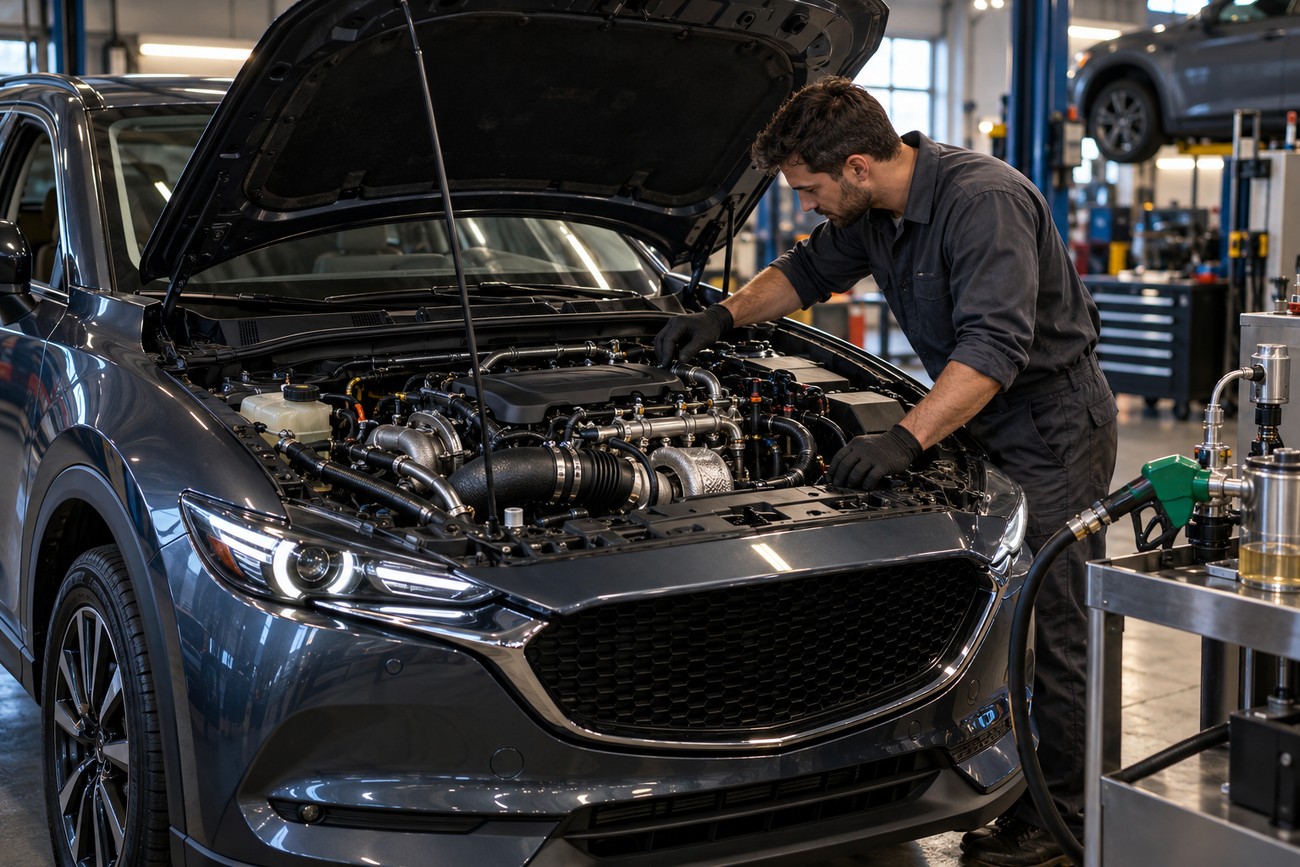 A mechanic in black gloves inspects the turbocharged engine bay of a dark gray Mazda CX-5 in a repair shop