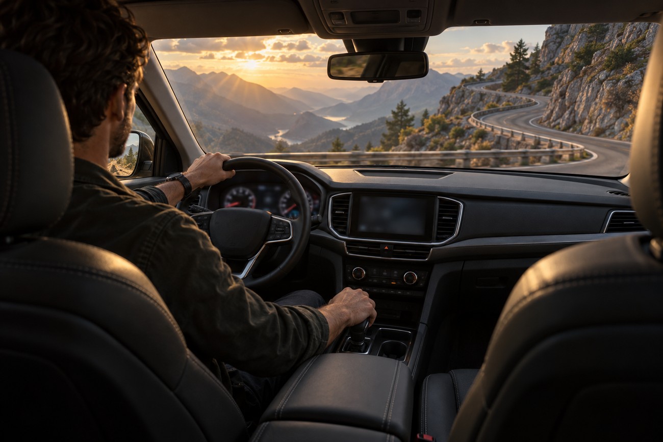 Driver holding the steering wheel inside a Mazda CX-5 driving up a scenic mountain road at sunset