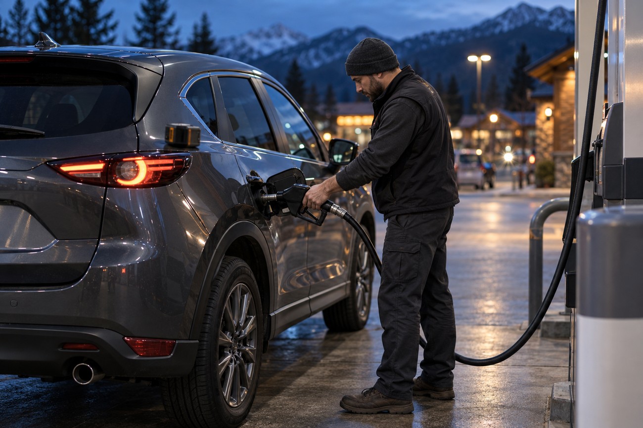 A man wearing a beanie and dark vest pumps fuel into a gray Mazda CX-5 at a mountain gas station during dusk