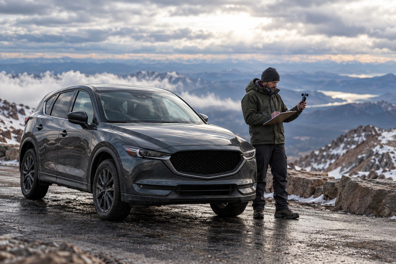 A man in a winter jacket stands with a clipboard and weather meter next to a dark grey Mazda CX-5 on a scenic mountain summit road