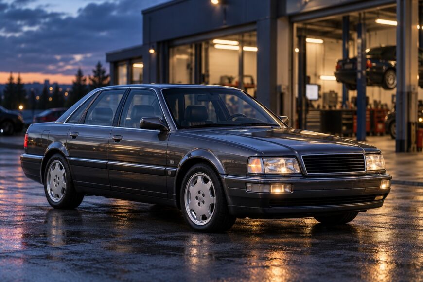 Dark grey classic Audi V8 luxury sedan parked on wet pavement in front of an auto repair shop at dusk