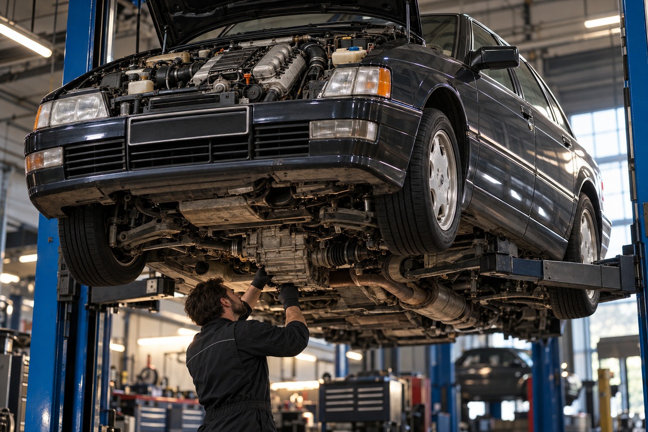 Mechanic working on the undercarriage of a classic Audi V8 sedan lifted on a hydraulic hoist in a repair shop
