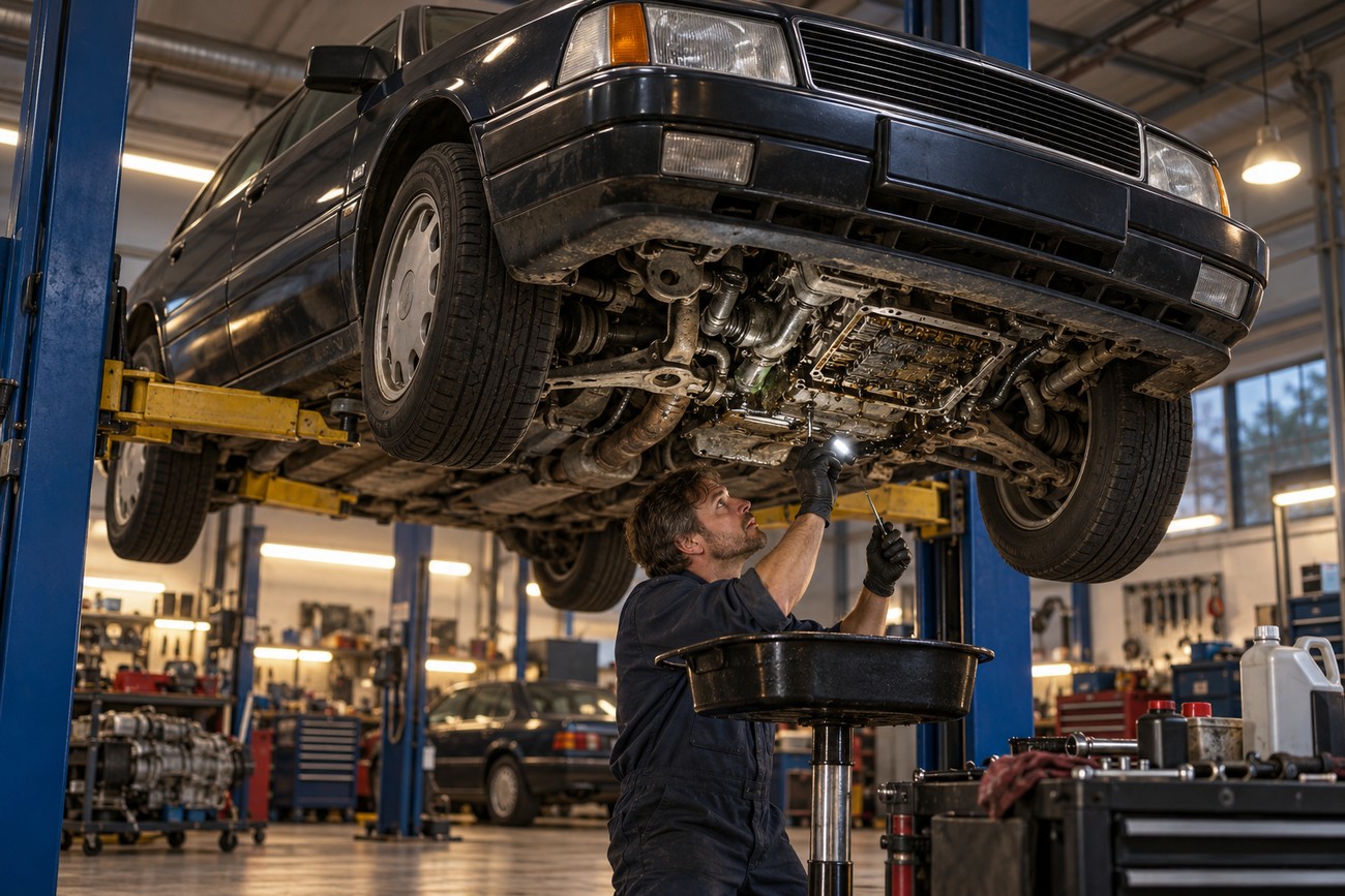 A mechanic in overalls inspecting the undercarriage of an Audi V8 lifted on a hydraulic hoist in a service garage