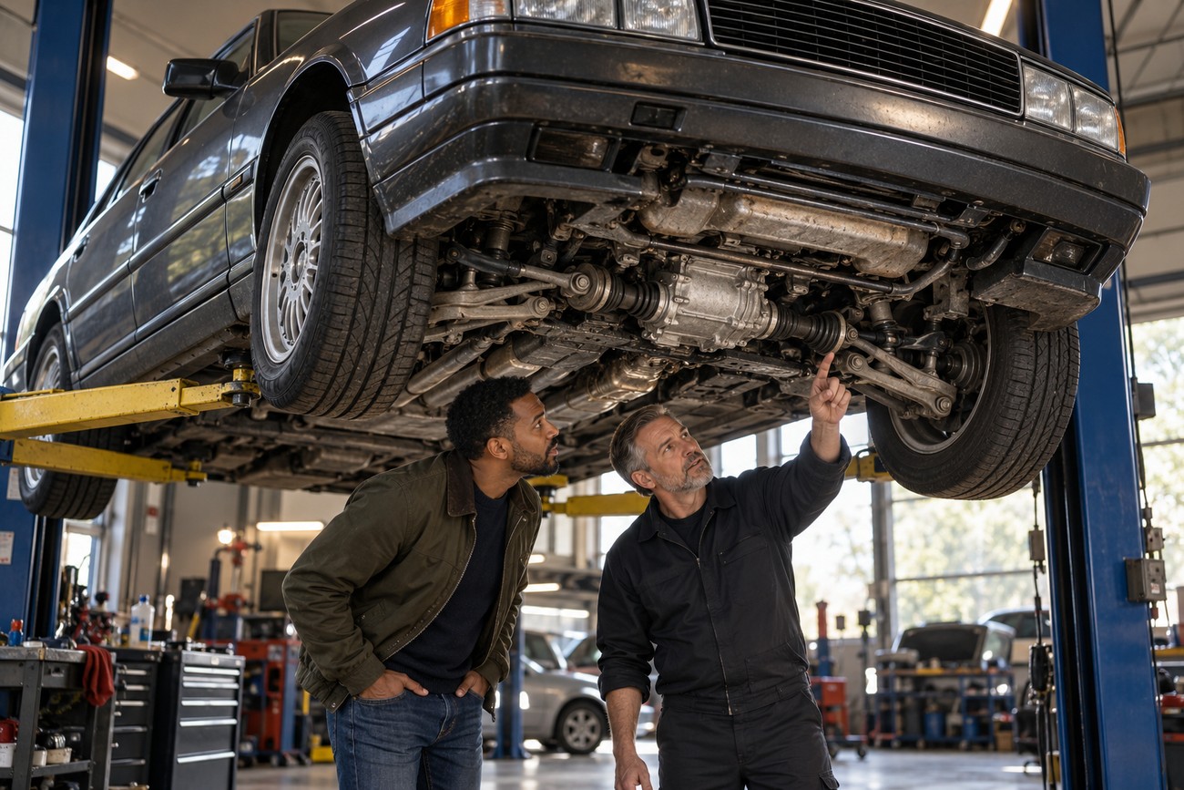 Mechanic and customer looking at the undercarriage of a classic Audi V8 sedan lifted on a hydraulic hoist in a garage