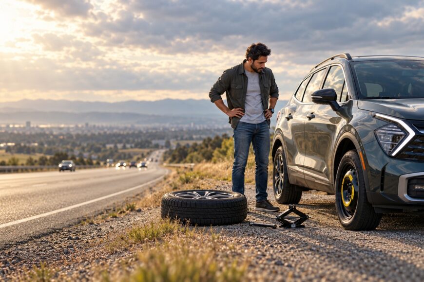 A man standing on the side of a highway next to a Kia Sportage with a mounted donut spare tire and a jack on the ground