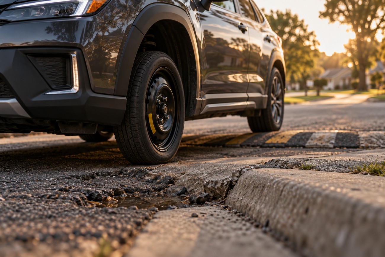 Dark Kia Sportage driving on a narrow donut spare tire near a curb on a residential street