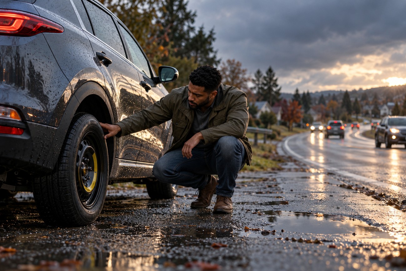 A man crouching beside a wet Kia Sportage on a roadside and inspecting its small donut spare tire
