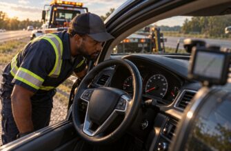 A mechanic in a high-visibility vest inspects the dashboard and speedometer of a car parked on the roadside