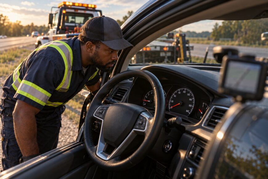 A mechanic in a high-visibility vest inspects the dashboard and speedometer of a car parked on the roadside
